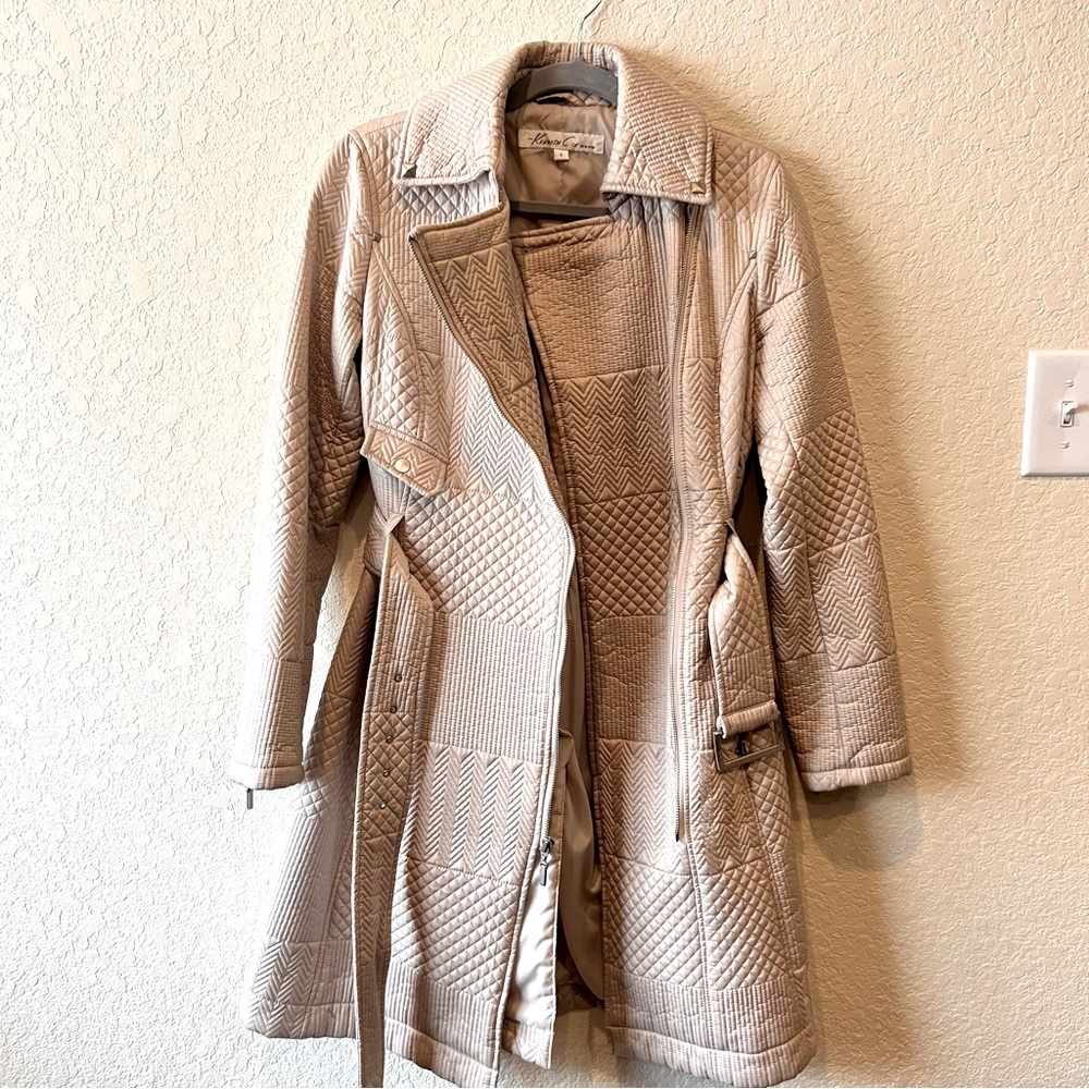 Kenneth Cole Quilted mixed pattern asymmetrical front zip trench coat with belt - Picture 2 of 10